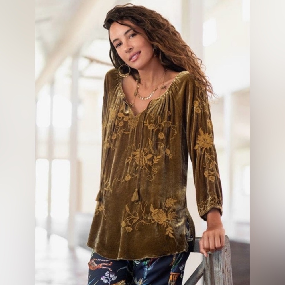 Johnny Was Golden Brown Velvet Embroidered Millie Tunic Blouse